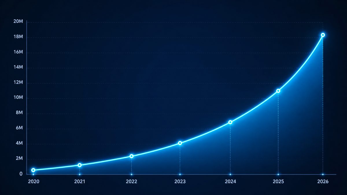 成人游戏用户增长数据图表,展示2020-2026年注册用户从50万增长至1800万的趋势